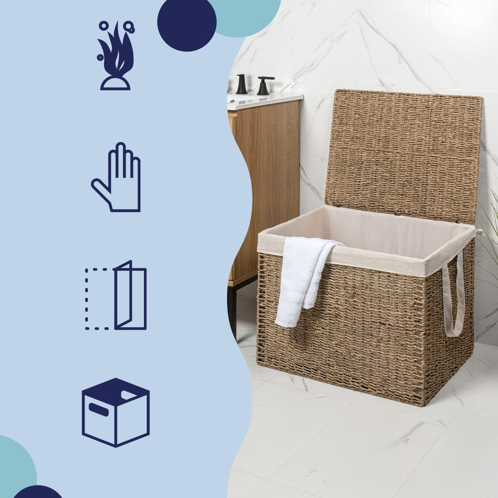 Sylven Coastal Bohemian Handwoven Seagrass Laundry Hamper 85L (22.5 Gallon) with Lid and Removable Liner