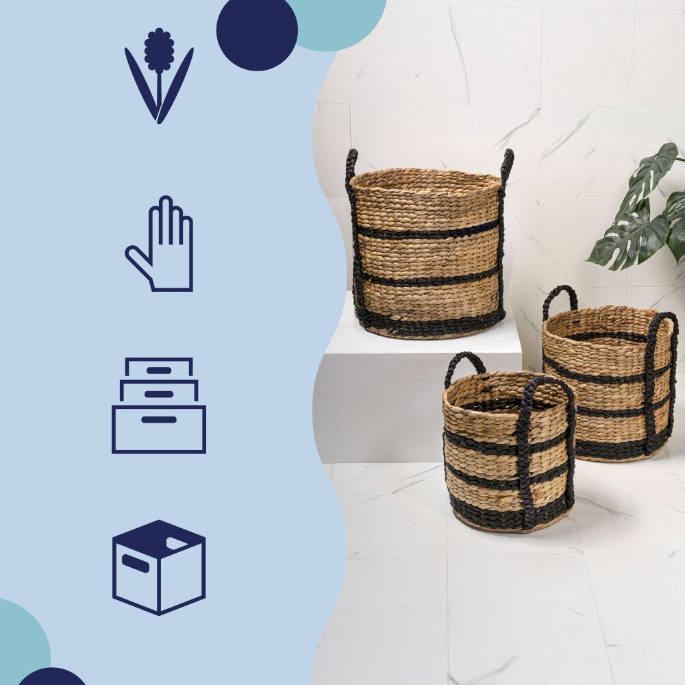 Nordleaf Rustic Cottage Stripe Handwoven Water Hyacinth Nesting Storage Baskets with Handles