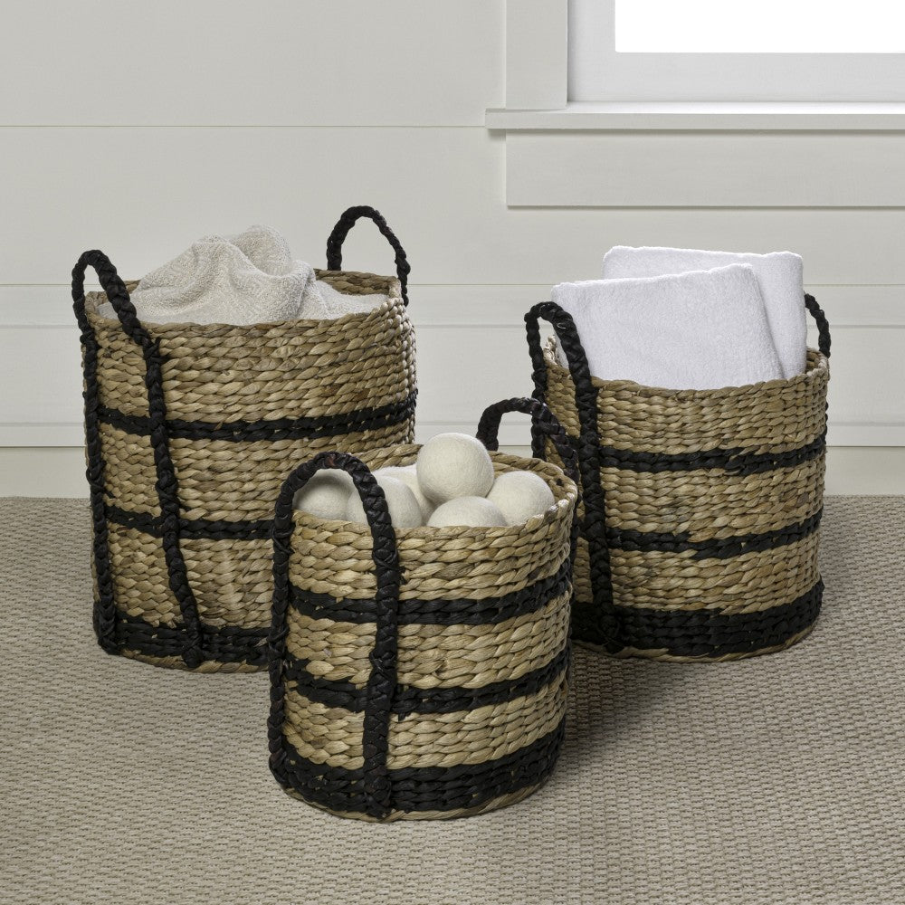 Nordleaf Rustic Cottage Stripe Handwoven Water Hyacinth Nesting Storage Baskets with Handles