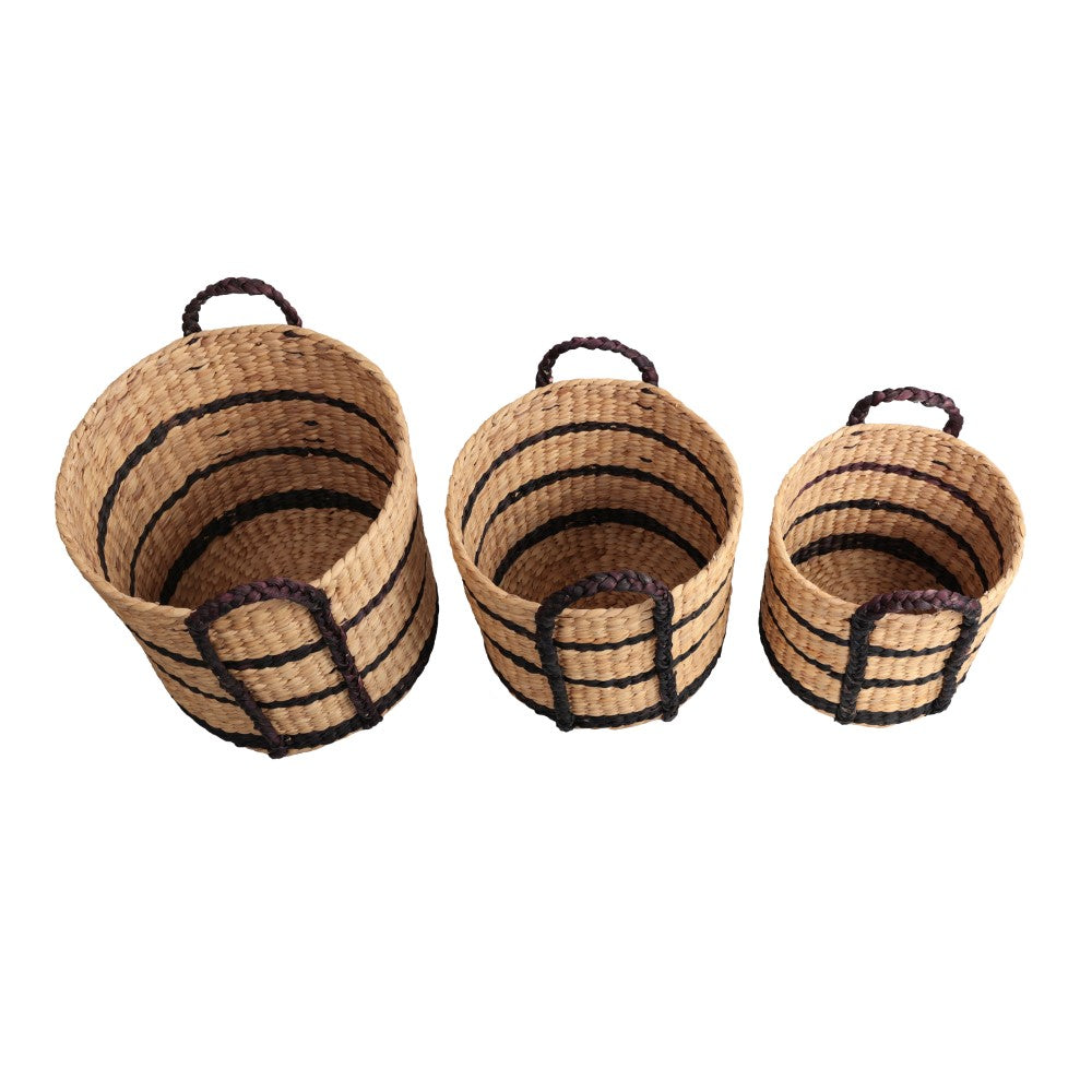 Nordleaf Rustic Cottage Stripe Handwoven Water Hyacinth Nesting Storage Baskets with Handles