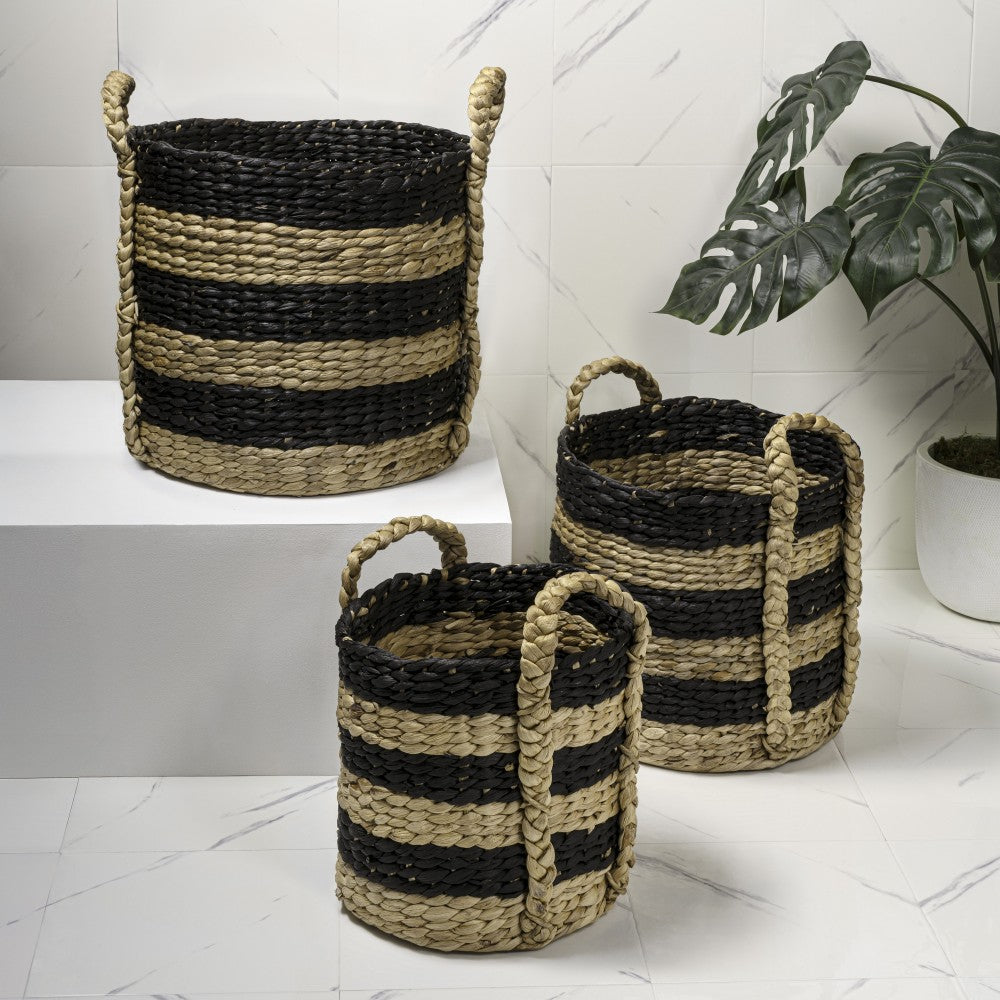 Nordleaf Rustic Cottage Stripe Handwoven Water Hyacinth Nesting Storage Baskets with Handles