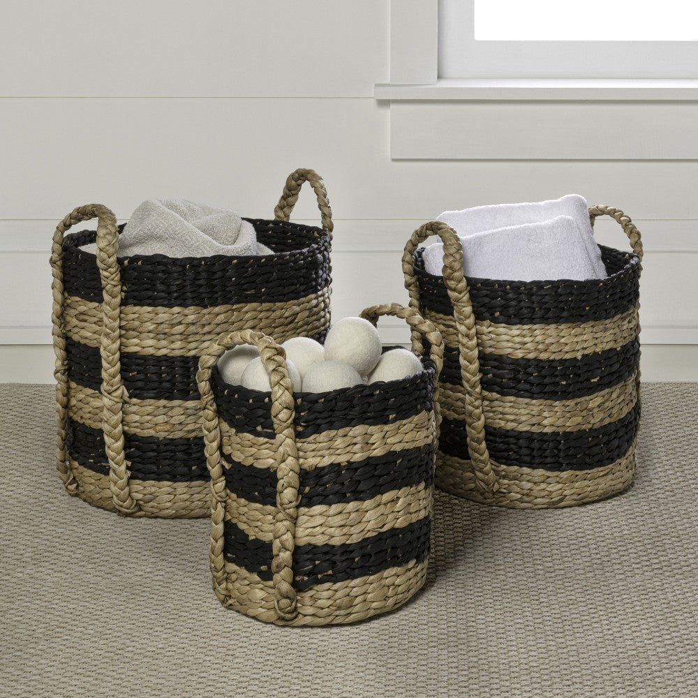 Nordleaf Rustic Cottage Stripe Handwoven Water Hyacinth Nesting Storage Baskets with Handles