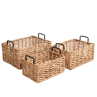 Flamora Coastal Farmhouse Handwoven Water Hyacinth Nesting Storage Baskets with Metal Handles