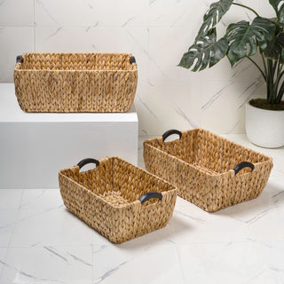 Warmora Bohemian Farmhouse Handwoven Water Hyacinth Nesting Storage Baskets with Wood Handles