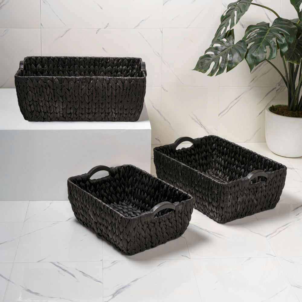 Warmora Bohemian Farmhouse Handwoven Water Hyacinth Nesting Storage Baskets with Wood Handles