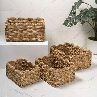 Ignisoul Rustic Cottage Handwoven Water Hyancinth Scalloped Edge Nesting Storage Baskets