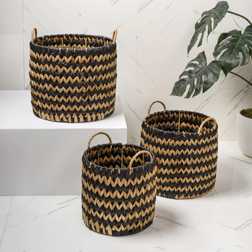 Vinear Coastal Farmhouse Handwoven Two-Tone Water Hyacinth Nesting Storage Baskets with Handles