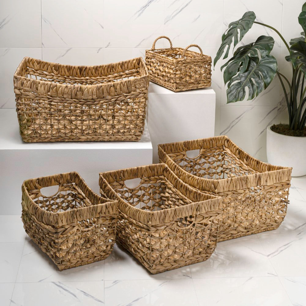 Airwyn Contemporary Bohemian Handwoven Water Hyacinth Nesting Storage Baskets with Handles