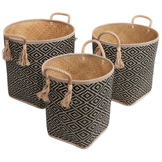 Rivo Rustic Coastal Handwoven Palm Leaf Nesting Storage Baskets with Rope Handles