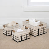 Callan Vintage Industrial Handmade Wire Metal Nesting Storage Baskets with Wood Handles and Fabric Liner