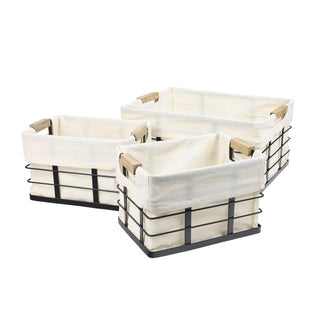 Callan Vintage Industrial Handmade Wire Metal Nesting Storage Baskets with Wood Handles and Fabric Liner