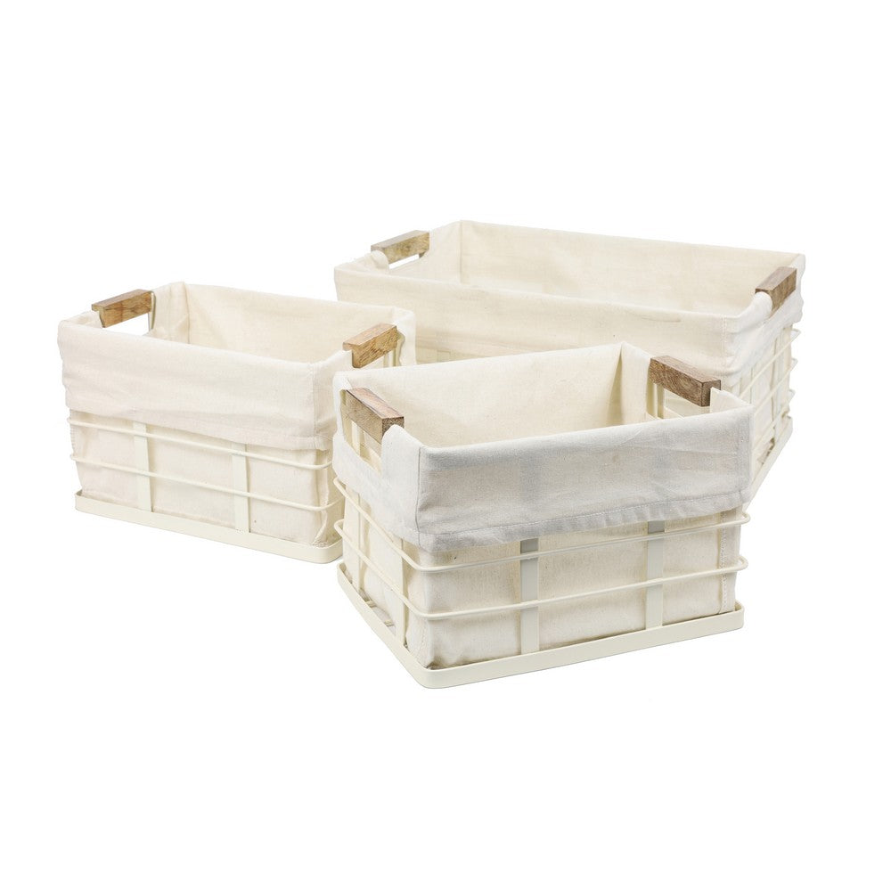 Callan Vintage Industrial Handmade Wire Metal Nesting Storage Baskets with Wood Handles and Fabric Liner