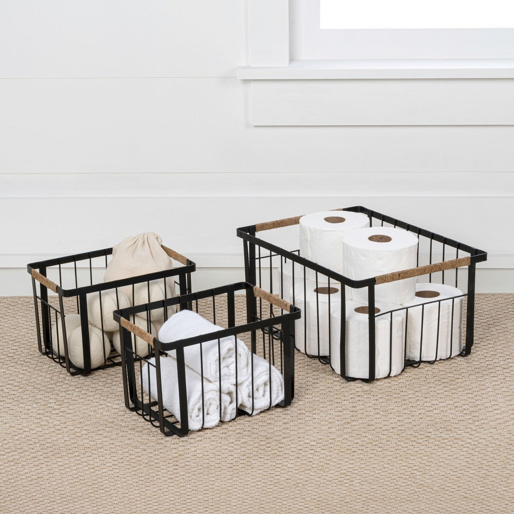 Henley Vintage Farmhouse Handmade Wire Metal Nesting Storage Baskets with Jute Wrapped Handles