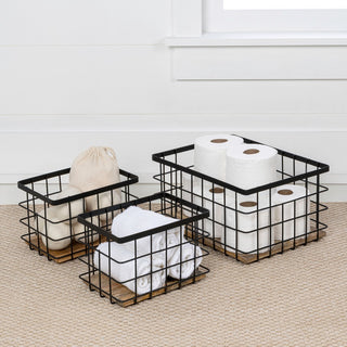 Evvie Vintage Farmhouse Handmade Wire Metal Nesting Storage Baskets with Wood Base