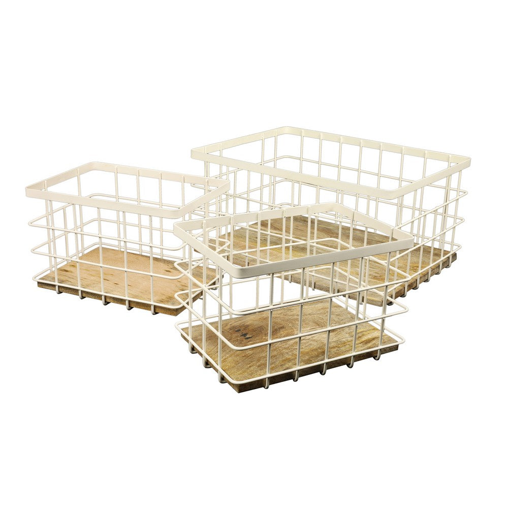 Evvie Vintage Farmhouse Handmade Wire Metal Nesting Storage Baskets with Wood Base