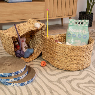 Felix Cat-Shaped Hand Woven Water Hyacinth Nesting Pet Toy Organizer Baskets