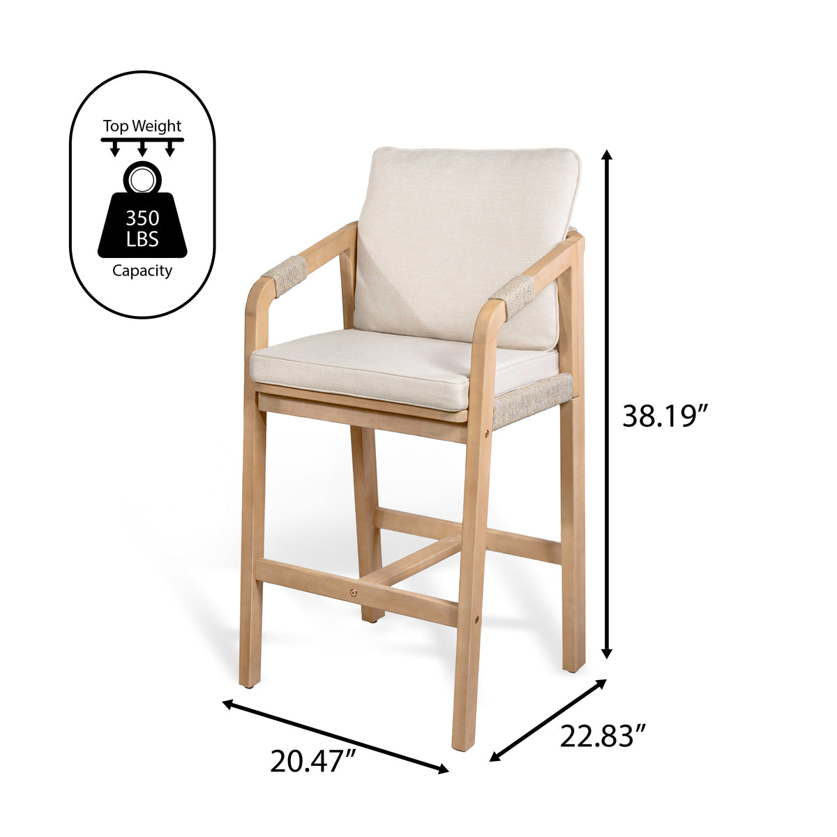 Ashgrove Modern Coastal Tub Roped Acacia Wood Outdoor Bar Stool with Cushions and Armrests Set 2