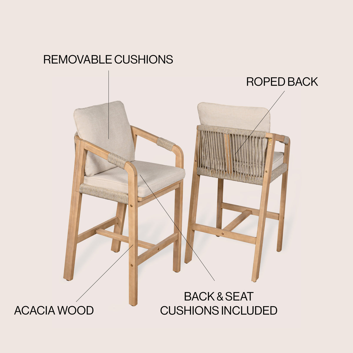 Ashgrove Modern Coastal Tub Roped Acacia Wood Outdoor Bar Stool with Cushions and Armrests Set 2