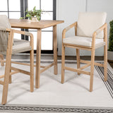 Ashgrove Modern Coastal Tub Roped Acacia Wood Outdoor Bar Stool with Cushions and Armrests Set 2