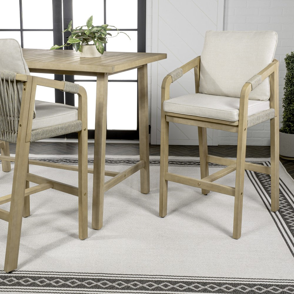 Ashgrove Modern Coastal Tub Roped Acacia Wood Outdoor Bar Stool with Cushions and Armrests Set 2