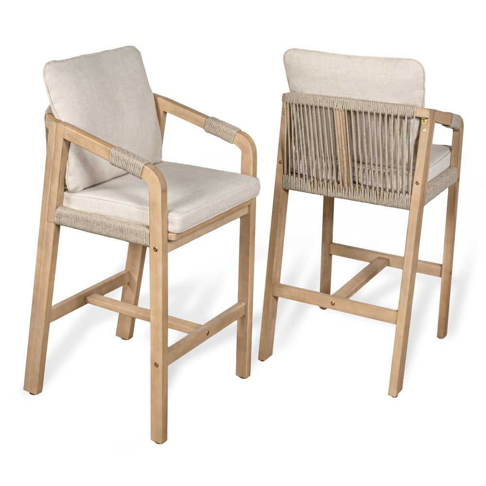 Ashgrove Modern Coastal Tub Roped Acacia Wood Outdoor Bar Stool with Cushions and Armrests Set 2