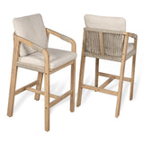 Ashgrove Modern Coastal Tub Roped Acacia Wood Outdoor Bar Stool with Cushions and Armrests Set 2