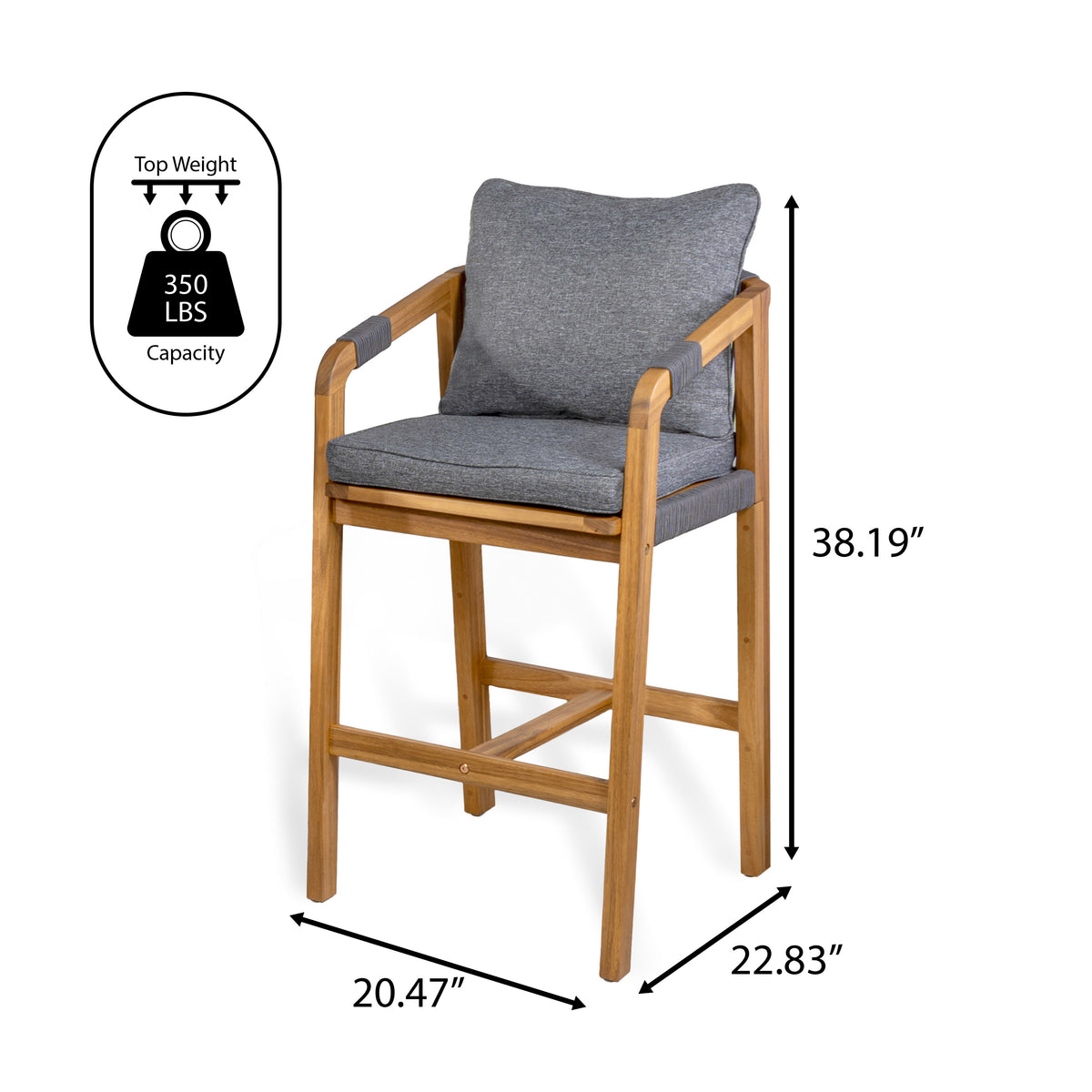 Ashgrove Modern Coastal Tub Roped Acacia Wood Outdoor Bar Stool with Cushions and Armrests Set 2