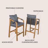 Ashgrove Modern Coastal Tub Roped Acacia Wood Outdoor Bar Stool with Cushions and Armrests Set 2