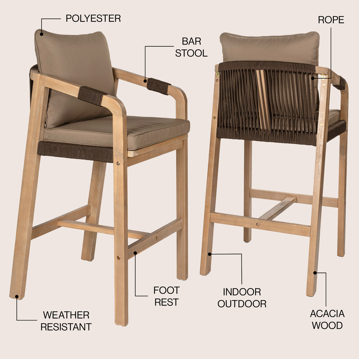 Ashgrove Modern Coastal Tub Roped Acacia Wood Outdoor Bar Stool with Cushions and Armrests Set 2