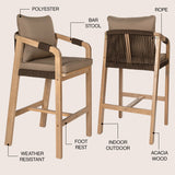 Ashgrove Modern Coastal Tub Roped Acacia Wood Outdoor Bar Stool with Cushions and Armrests Set 2