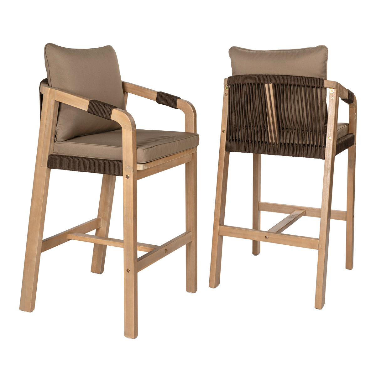 Ashgrove Modern Coastal Tub Roped Acacia Wood Outdoor Bar Stool with Cushions and Armrests Set 2