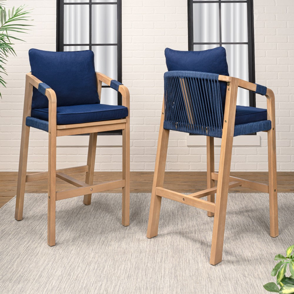 Ashgrove Modern Coastal Tub Roped Acacia Wood Outdoor Bar Stool with Cushions and Armrests Set 2