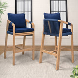 Ashgrove Modern Coastal Tub Roped Acacia Wood Outdoor Bar Stool with Cushions and Armrests Set 2