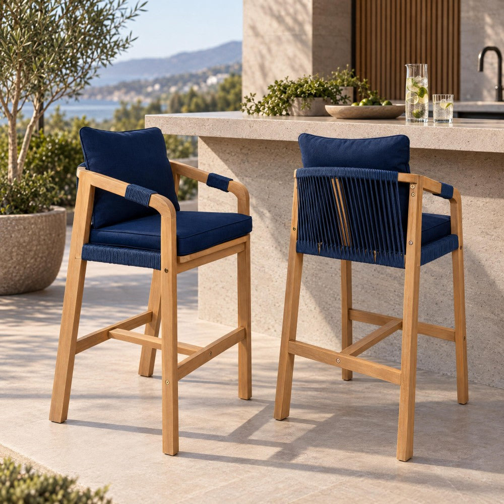 Ashgrove Modern Coastal Tub Roped Acacia Wood Outdoor Bar Stool with Cushions and Armrests Set 2