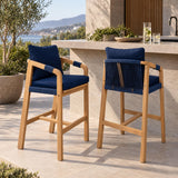 Ashgrove Modern Coastal Tub Roped Acacia Wood Outdoor Bar Stool with Cushions and Armrests Set 2