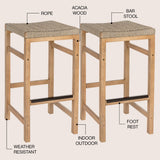 Driftpetal 30" Modern Coastal Backless Acacia Wood Outdoor Bar Stool with Woven Rope Seat Set 2