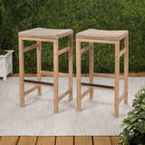 Driftpetal 30" Modern Coastal Backless Acacia Wood Outdoor Bar Stool with Woven Rope Seat Set 2