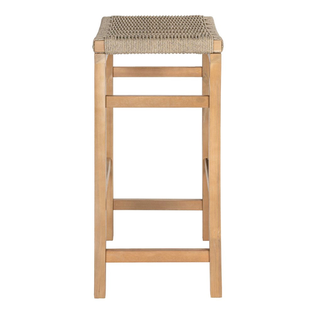Driftpetal 30" Modern Coastal Backless Acacia Wood Outdoor Bar Stool with Woven Rope Seat Set 2