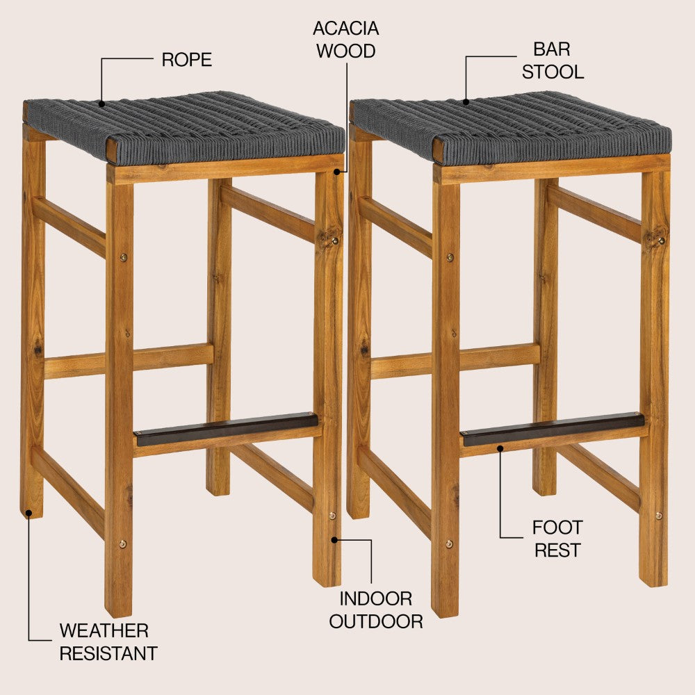 Driftpetal 30" Modern Coastal Backless Acacia Wood Outdoor Bar Stool with Woven Rope Seat Set 2