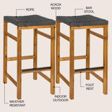 Driftpetal 30" Modern Coastal Backless Acacia Wood Outdoor Bar Stool with Woven Rope Seat Set 2