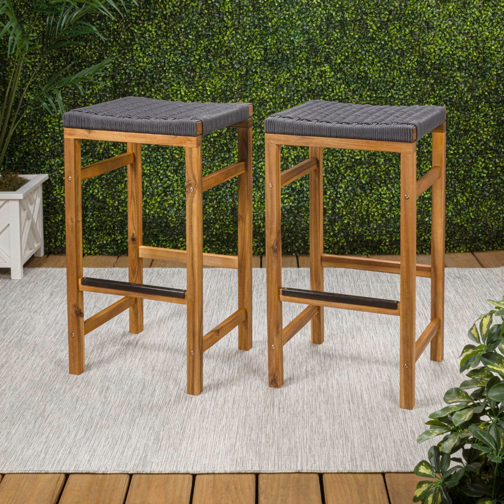 Driftpetal 30" Modern Coastal Backless Acacia Wood Outdoor Bar Stool with Woven Rope Seat Set 2
