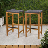 Driftpetal 30" Modern Coastal Backless Acacia Wood Outdoor Bar Stool with Woven Rope Seat Set 2
