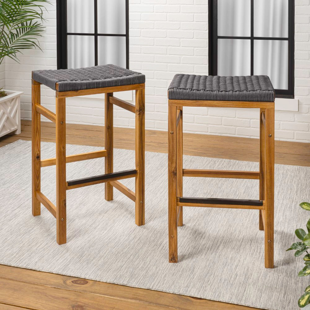 Driftpetal 30" Modern Coastal Backless Acacia Wood Outdoor Bar Stool with Woven Rope Seat Set 2