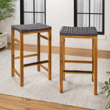 Driftpetal 30" Modern Coastal Backless Acacia Wood Outdoor Bar Stool with Woven Rope Seat Set 2