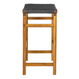 Driftpetal 30" Modern Coastal Backless Acacia Wood Outdoor Bar Stool with Woven Rope Seat Set 2