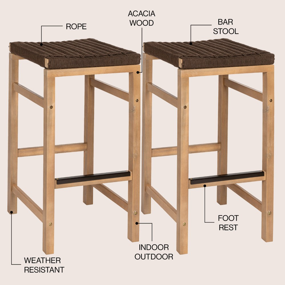 Driftpetal 30" Modern Coastal Backless Acacia Wood Outdoor Bar Stool with Woven Rope Seat Set 2