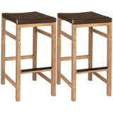 Driftpetal 30" Modern Coastal Backless Acacia Wood Outdoor Bar Stool with Woven Rope Seat Set 2