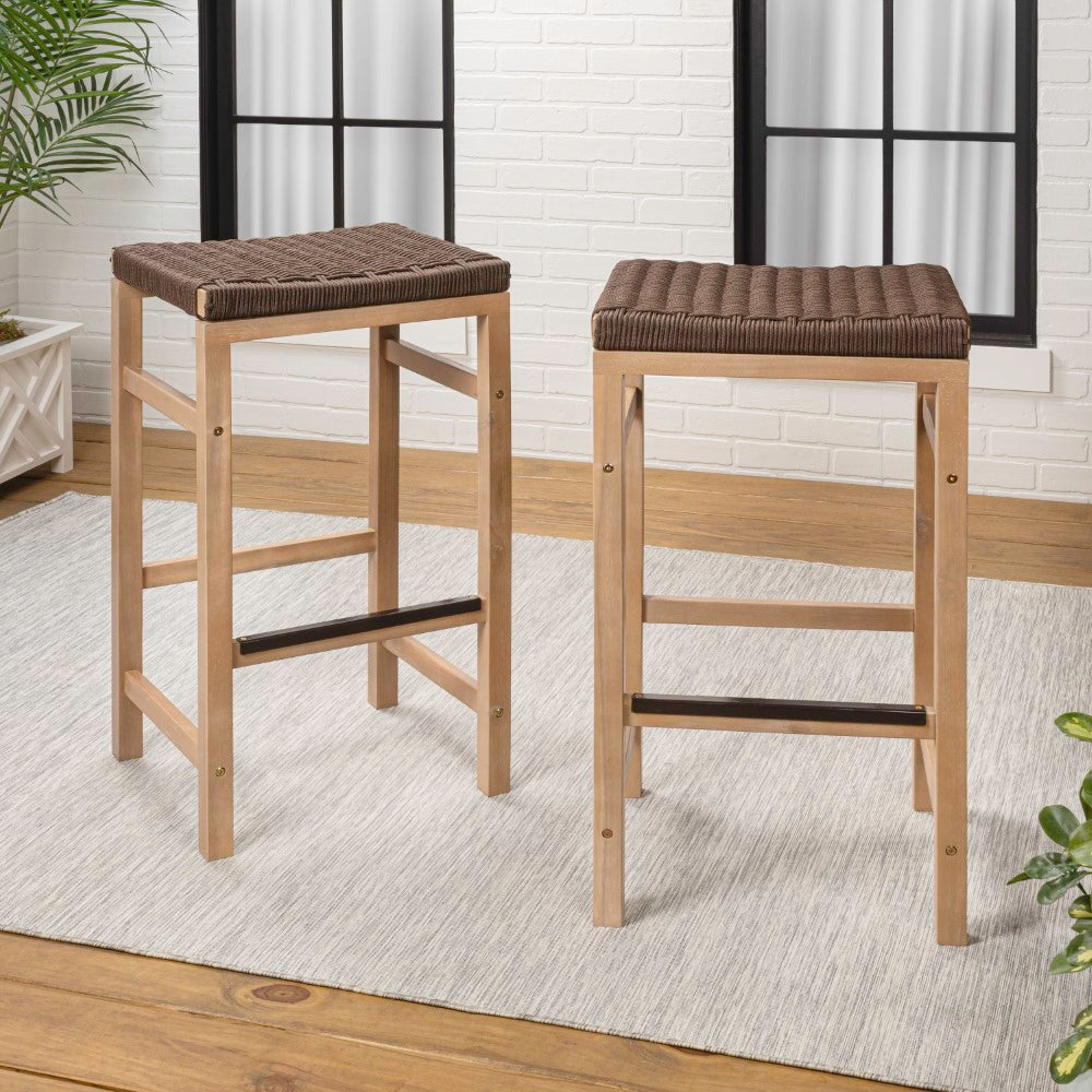 Driftpetal 30" Modern Coastal Backless Acacia Wood Outdoor Bar Stool with Woven Rope Seat Set 2