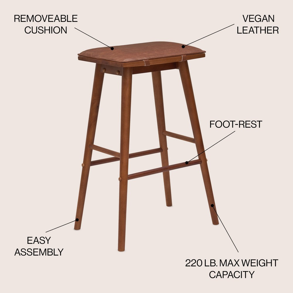 Skystag 26" MidCentury Classic Saddle-Seat Solid Wood/Vegan Leather Backless Counter Stool with Removeable Cushion