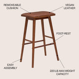 Skystag 26" MidCentury Classic Saddle-Seat Solid Wood/Vegan Leather Backless Counter Stool with Removeable Cushion